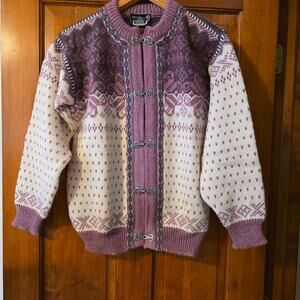 Vintage Dale of Norway Cardigan Wool Sweater Nordic Pewter Clasps Pink Cream SM